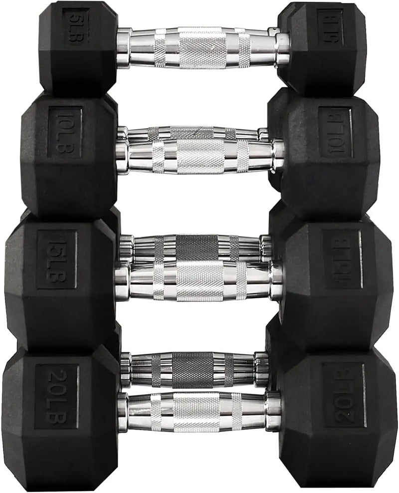 Fitness Rubber Coated Hex Dumbbell Weight Set and Storage Rack