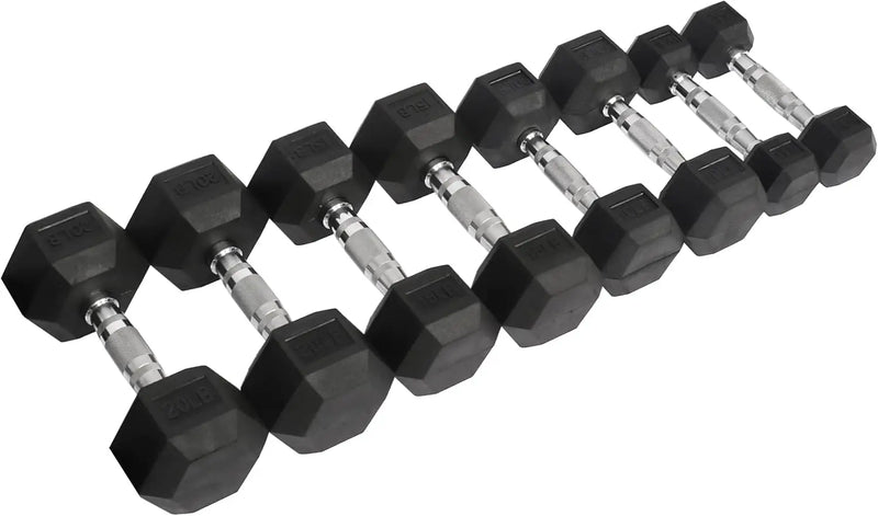 Fitness Rubber Coated Hex Dumbbell Weight Set and Storage Rack