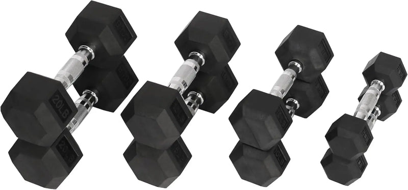 Fitness Rubber Coated Hex Dumbbell Weight Set and Storage Rack